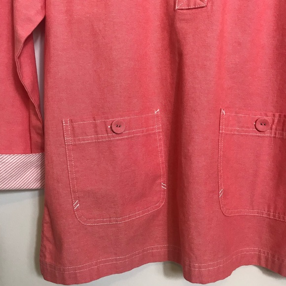 Denim & Co. Popover Tunic Top Coral Orange Contrast French Cuff Utility Pockets - Picture 6 of 9